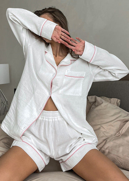 Cotton Lounge Set With Button Up Shirt And High Waisted Shorts