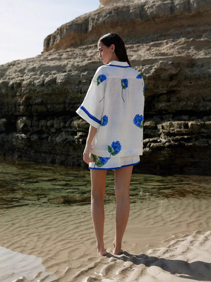 Elegant Floral Print Linen Dress Set