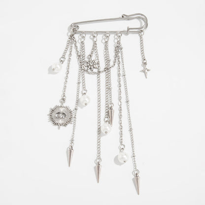 Trendy Metal Chain Tassel Brooch Pin With Stone Detail