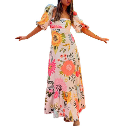Elegant Floral Print Puff Sleeve Dress