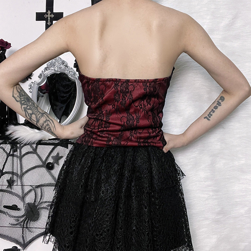 Dark Aesthetic Strapless Lace Crop Top
