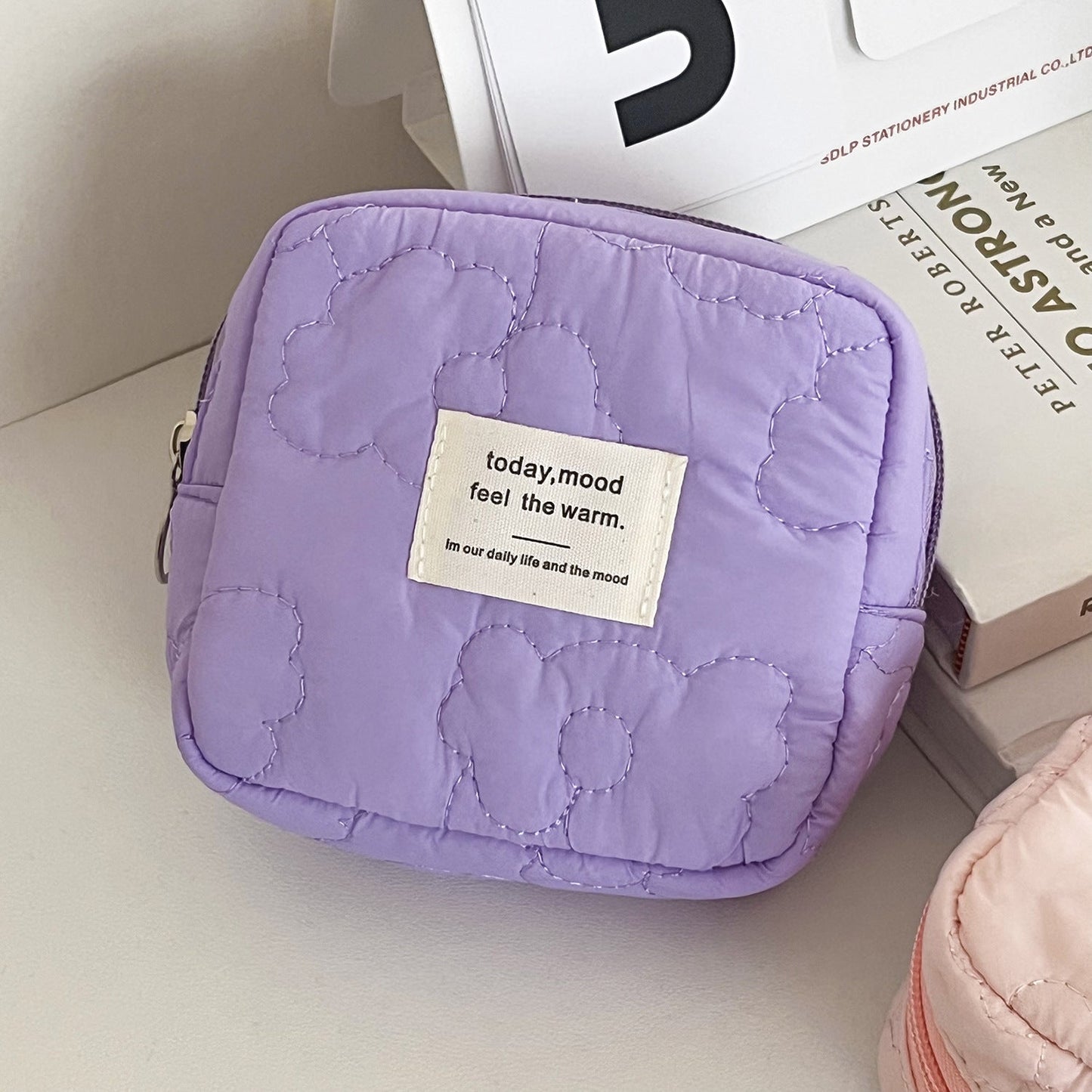 Quilted Floral Storage Pouch Candy Color Travel Earphone Coin Bag
