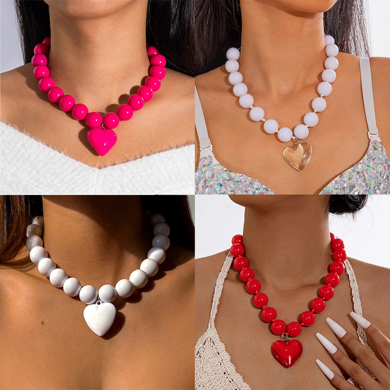 Personalized Chunky Bead Heart Pendant Necklace For Women