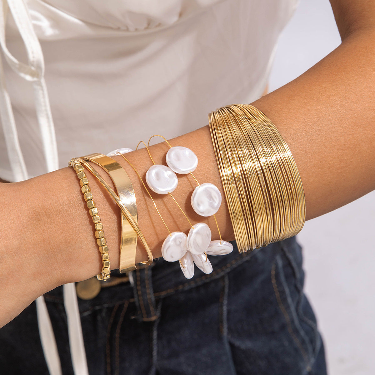Layered Geometric Statement Cuff Bracelet Set