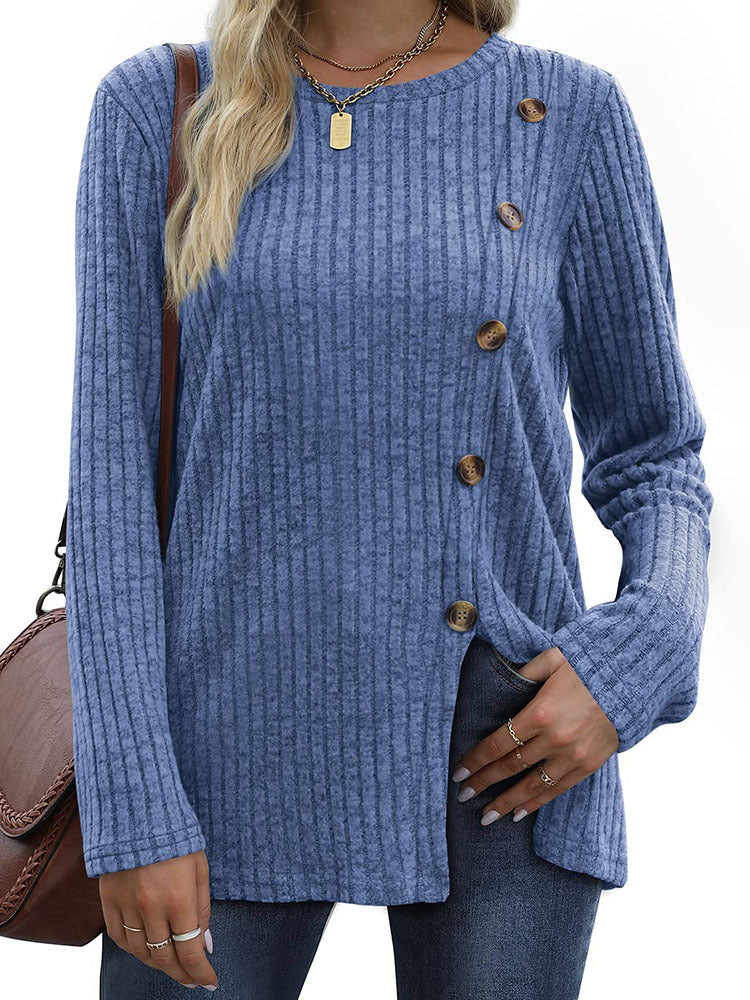 Button Up T-Shirt For Women'S New Fashion Autumn Casual Solid Color Long Sleeved T-Shirt For Women