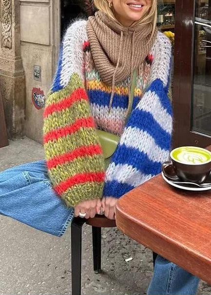 Oversized Lightweight Knit Sweater With Multicolor Stripes