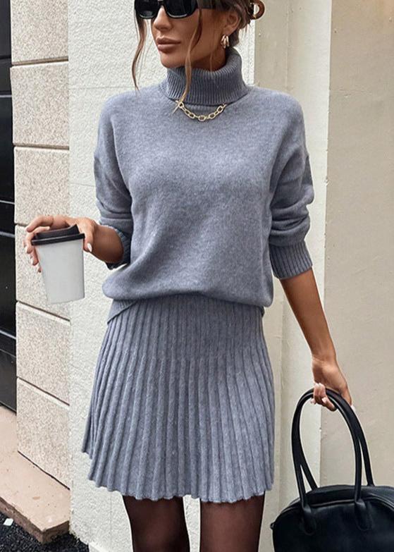 Knit Sweater and Pleated Mini Skirt Set Gray