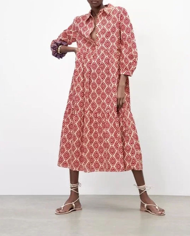 Women'S Long Sleeve Lapel Green Geometric Print Shirt Dress