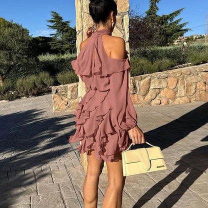 Elegant Chiffon A-Line Dress with Halter Neck and Long Sleeves