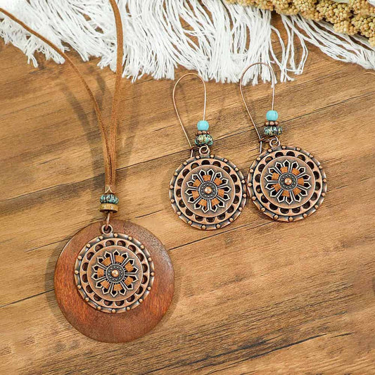 Bohemian-Inspired Hollow Round Dangle Earrings with Wooden Accents