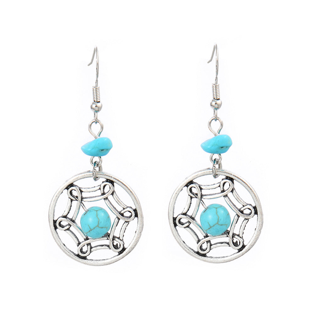 Simple Tribal Flower Teardrop Circle Turquoise Earring Set