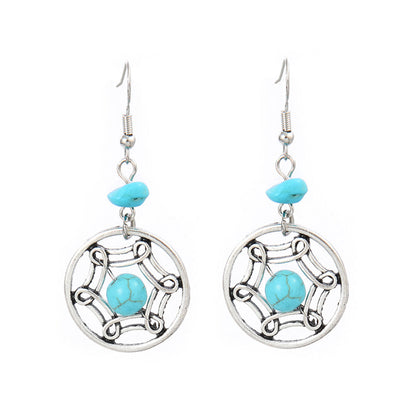 Simple Tribal Flower Teardrop Circle Turquoise Earring Set