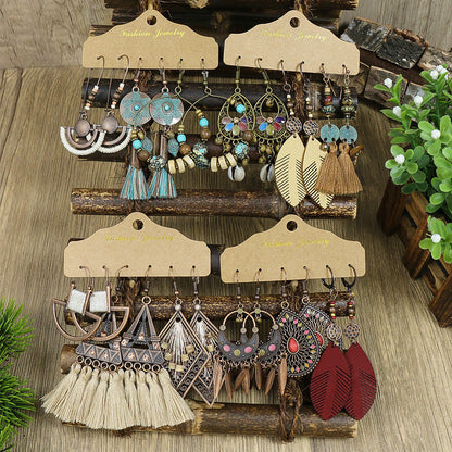 Bohemian Vintage Tassel Earrings Set - 3 Pairs Alloy Leather Dangle