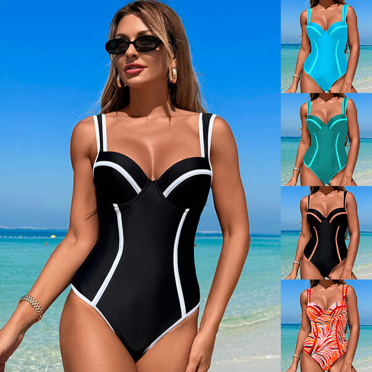 New Women'S High-Waisted Black And White Striped One-Piece Swimsuit