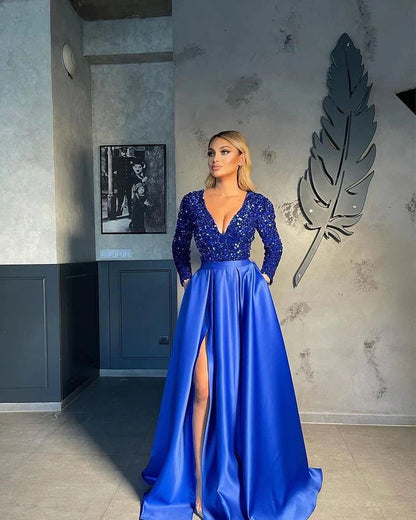 Sequin V-Neck Flared Long Dress With Side Slit