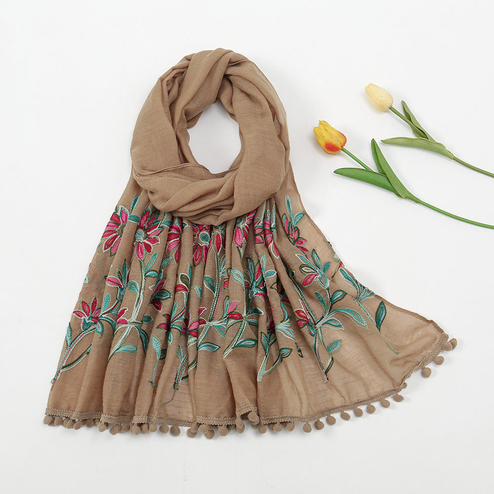 New Embroidered Furball Scarf, Cotton And Linen Shawl, Women'S Ethnic Style Retro Style, With Spring And Autumn Scarf
