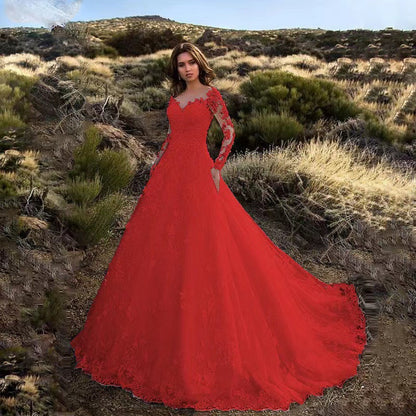 Elegant Lace Wedding Dress with Train and Sleeves