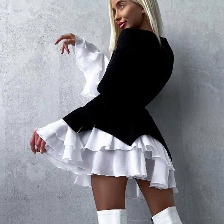 Black And White Color Block Short A-Line Dress With Flared Sleeves