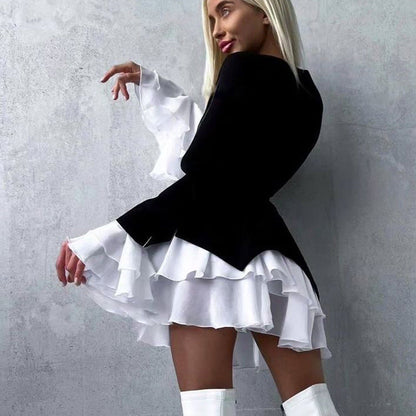 Black And White Color Block Short A-Line Dress With Flared Sleeves