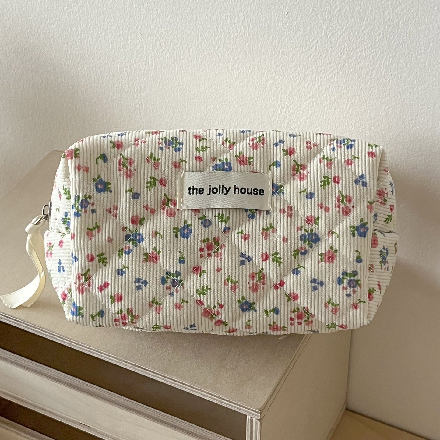 Corduroy Floral Cosmetic Bag Soft Quilted Travel Pouch