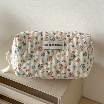 Corduroy Floral Cosmetic Bag Soft Quilted Travel Pouch