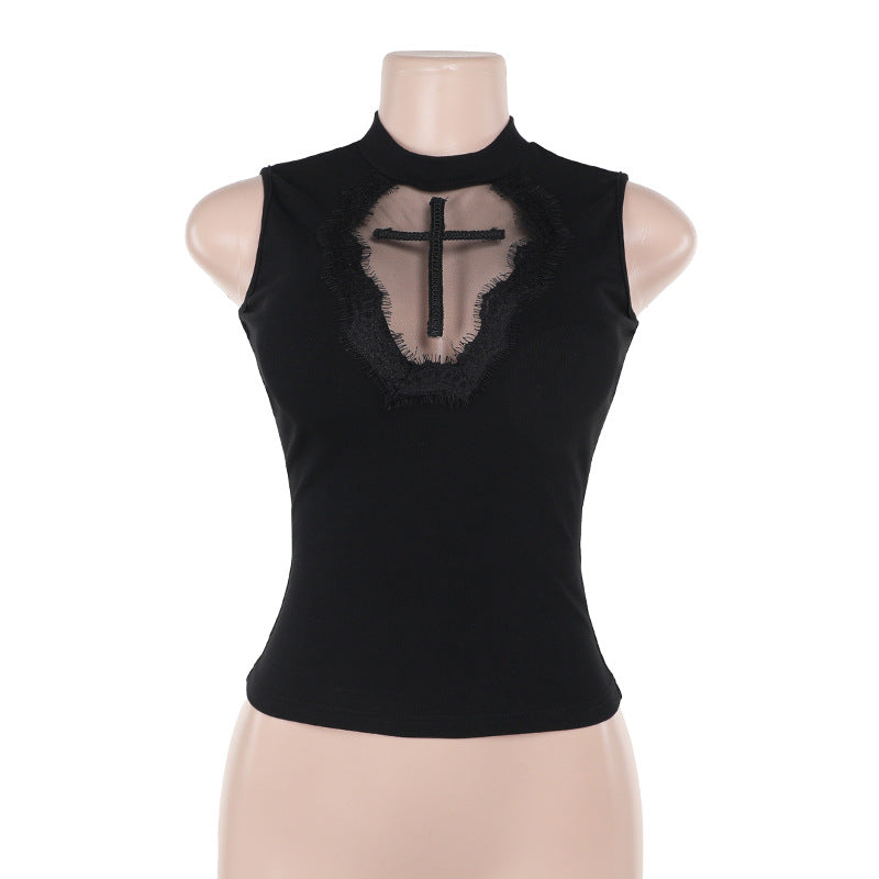 Women's Casual Cross Design Black Tank Top
