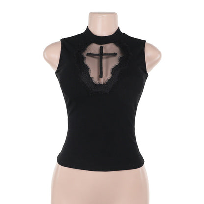 Women's Casual Cross Design Black Tank Top