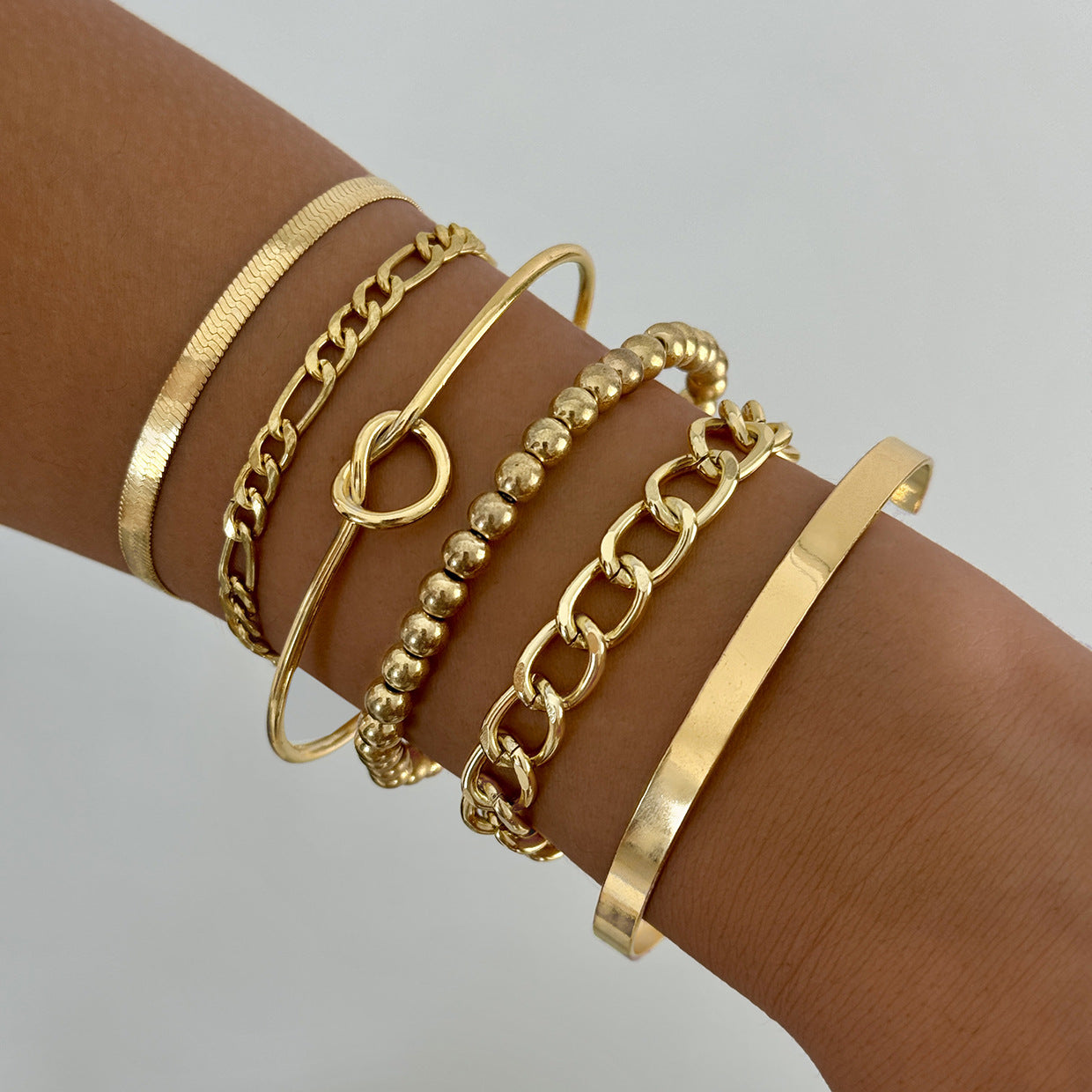 Vintage Geometric Open-Cuff Gold Bracelet Set