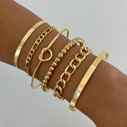 Vintage Geometric Open-Cuff Gold Bracelet Set
