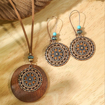 Bohemian-Inspired Hollow Round Dangle Earrings with Wooden Accents