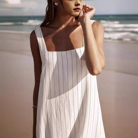 Sleeveless Striped A-Line Dress Comfortable Casual Polyester