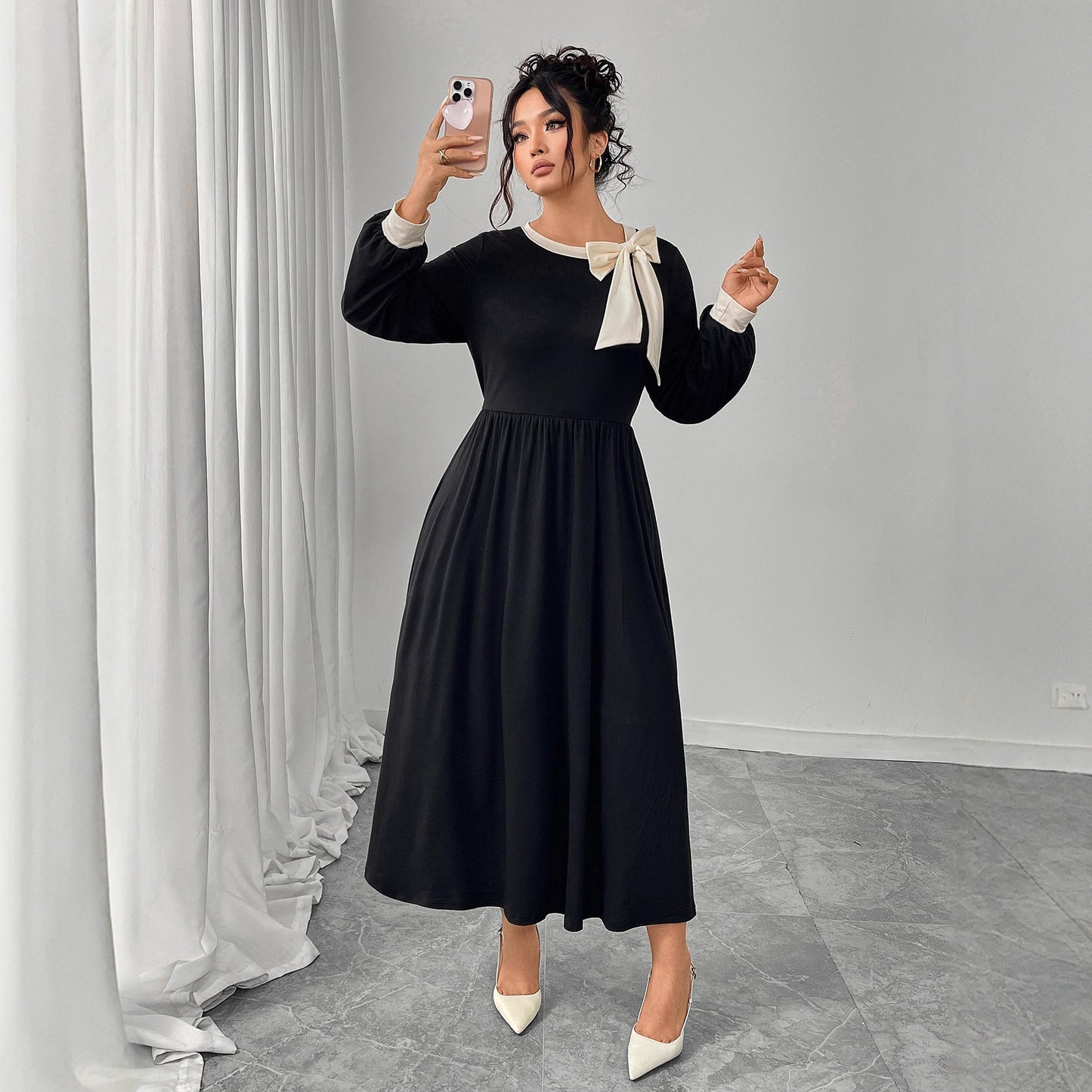Color Block Bow Accent Midi Dress for Women
