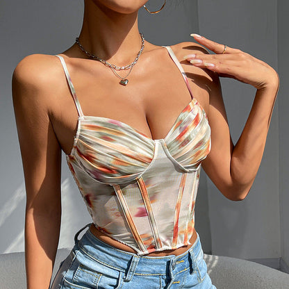 Sexy Fishbone Corset Top Retro Print Camisole For Easter