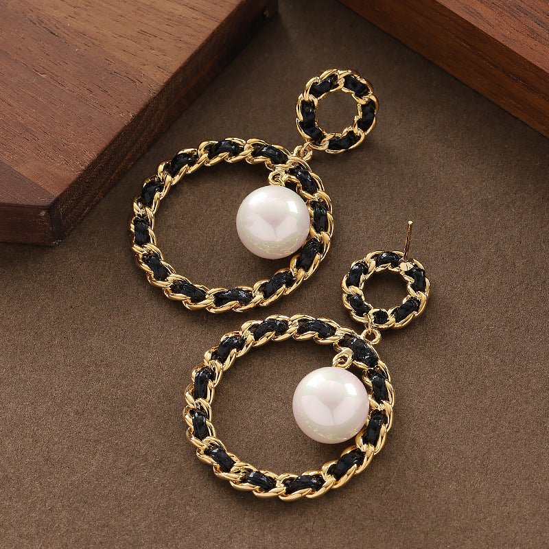 Elegant French Style Woven Leather Pearl Earrings