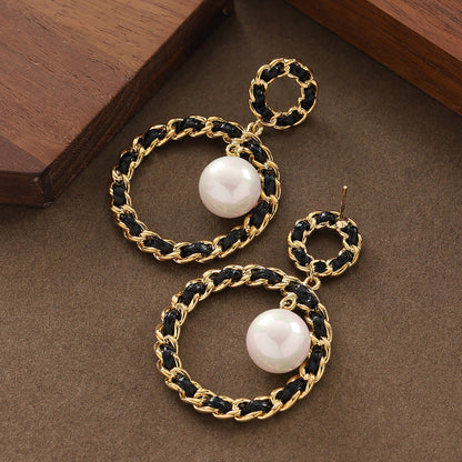 Elegant French Style Woven Leather Pearl Earrings