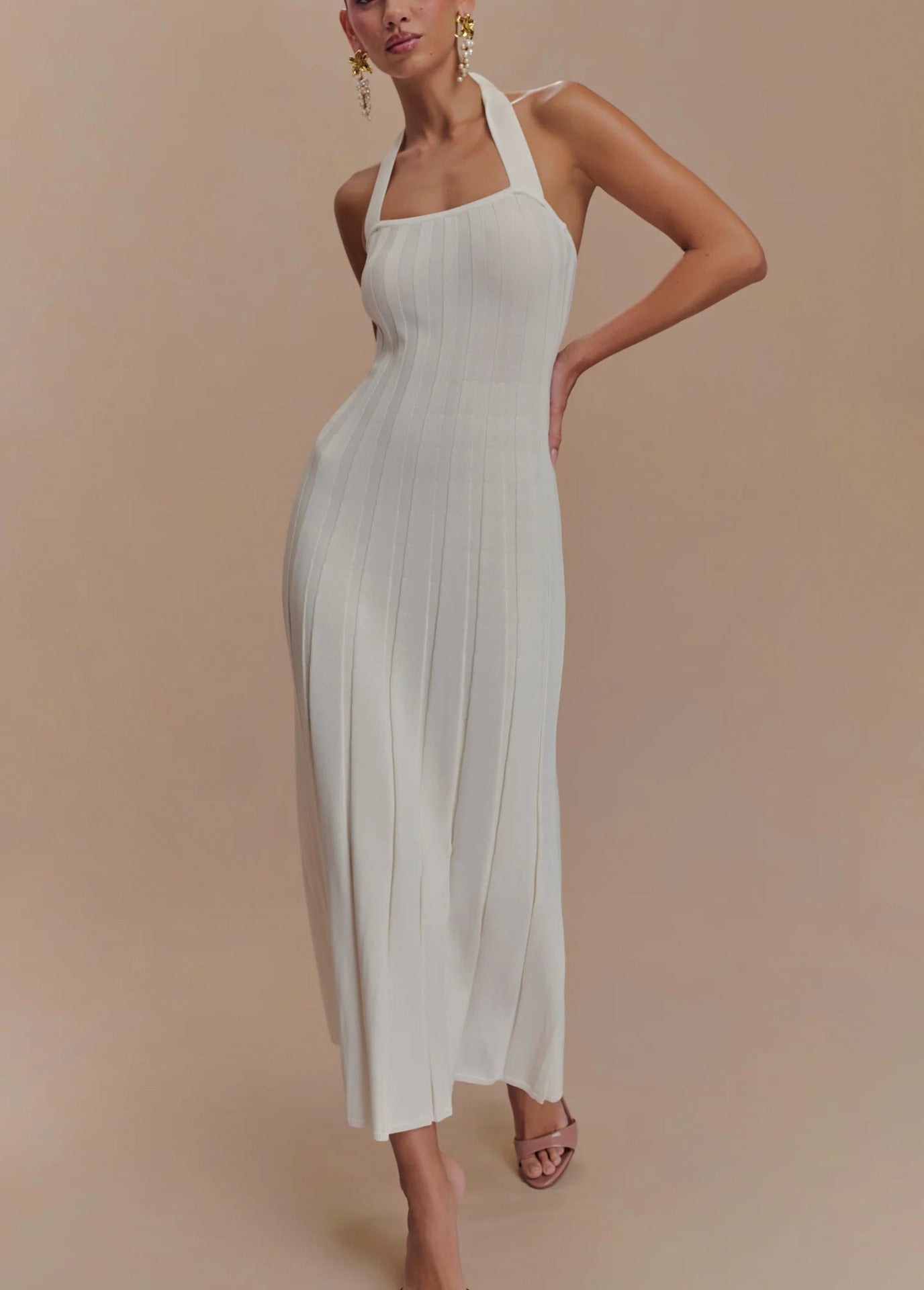 Knit Midi Dress With Halter Tie Back Detail