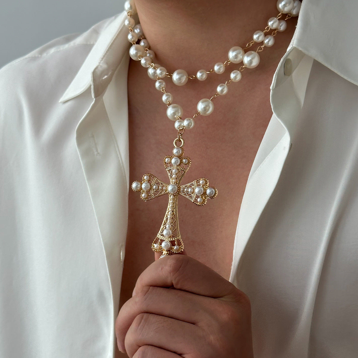 Cyberpunk Style Cross Necklace With Layered Design