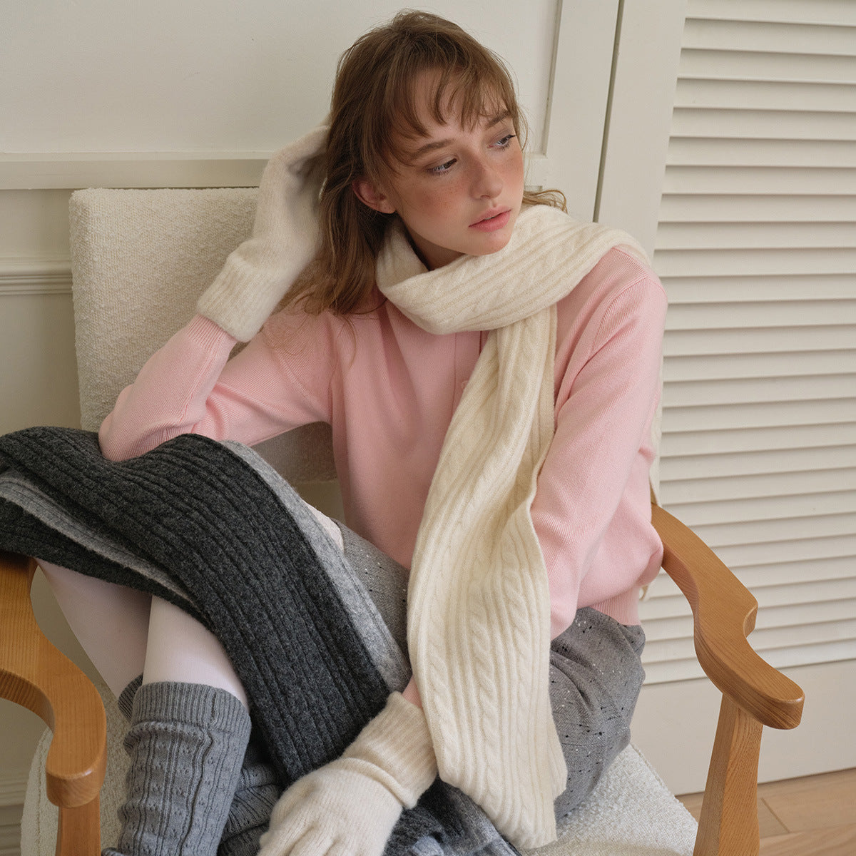 Knitted Braided Wool Blend Scarf for Women