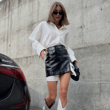 Trendy White Shirt Skirt Set With Belt