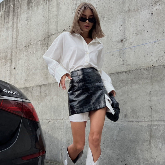 Trendy White Shirt Skirt Set With Belt