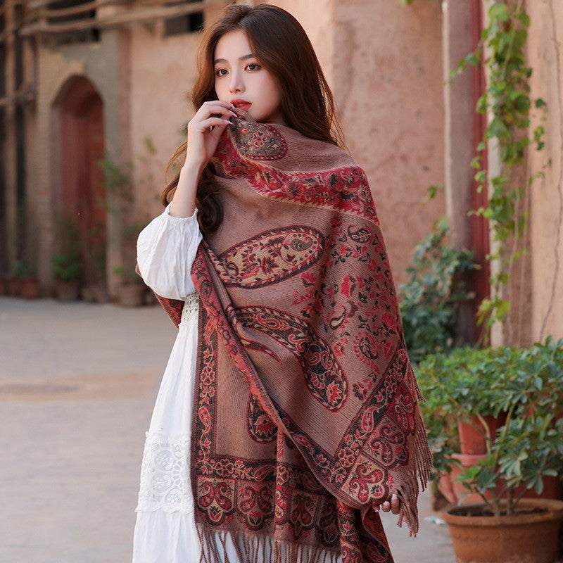 Red National Style Scarf Autumn And Winter Shawl