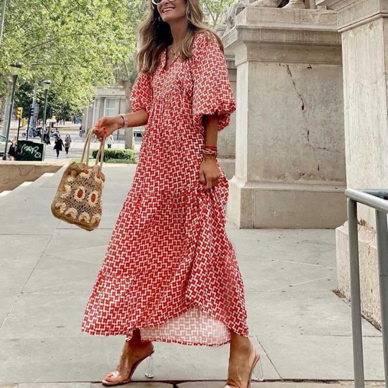 Geometric Patch Puff Sleeve Dress