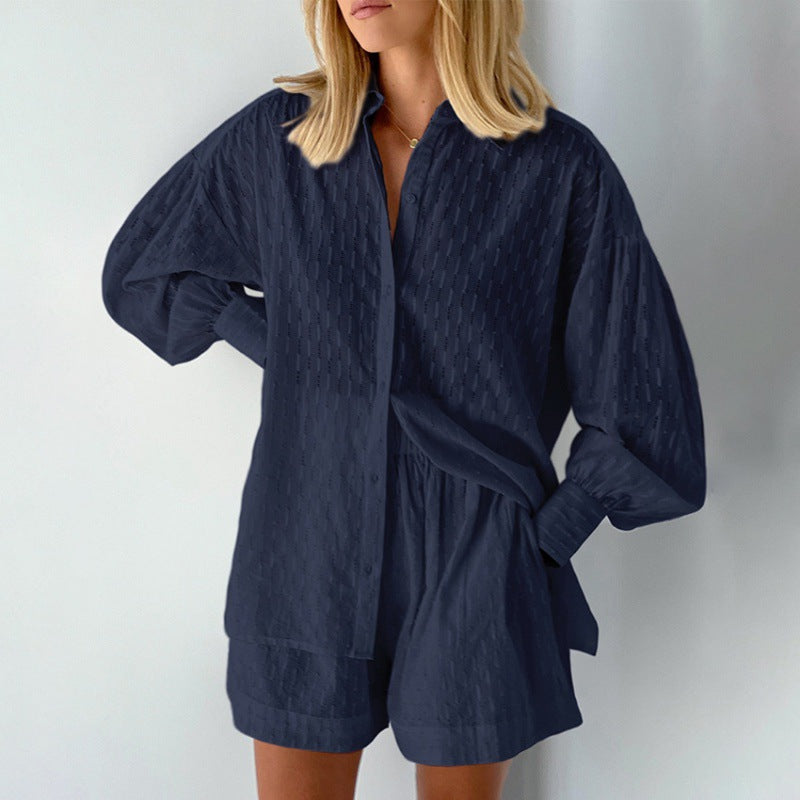 Jacquard Puff Sleeve Shirt Short Set