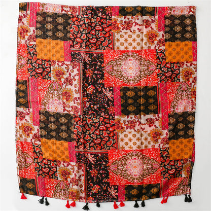 Retro Ethnic Sunscreen Shawl Bohemian Holiday Cotton And Linen Feel Scarf With Silver Wire