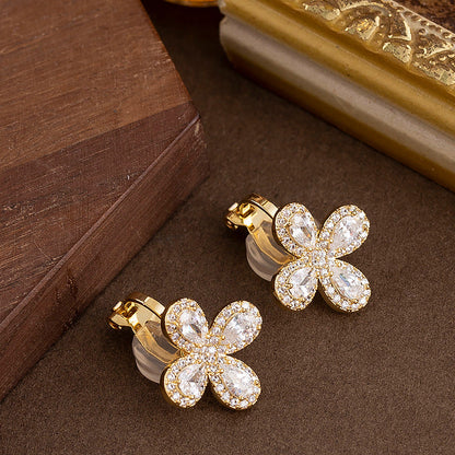 Cute Elegant Zirconia Clover Clip-On Earrings For Women