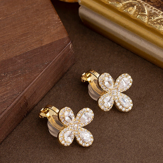 Cute Elegant Zirconia Clover Clip-On Earrings For Women