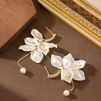 Floral Pearl Tassel Earrings With Zirconia Accents