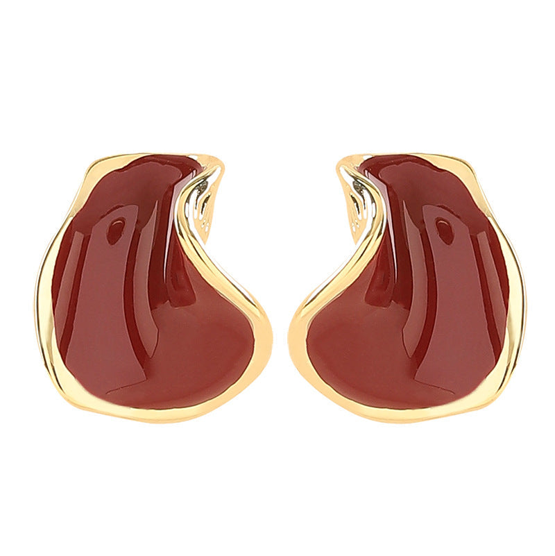 Burgundy Geometric Drip Glaze Ear Studs Vintage Style Earrings