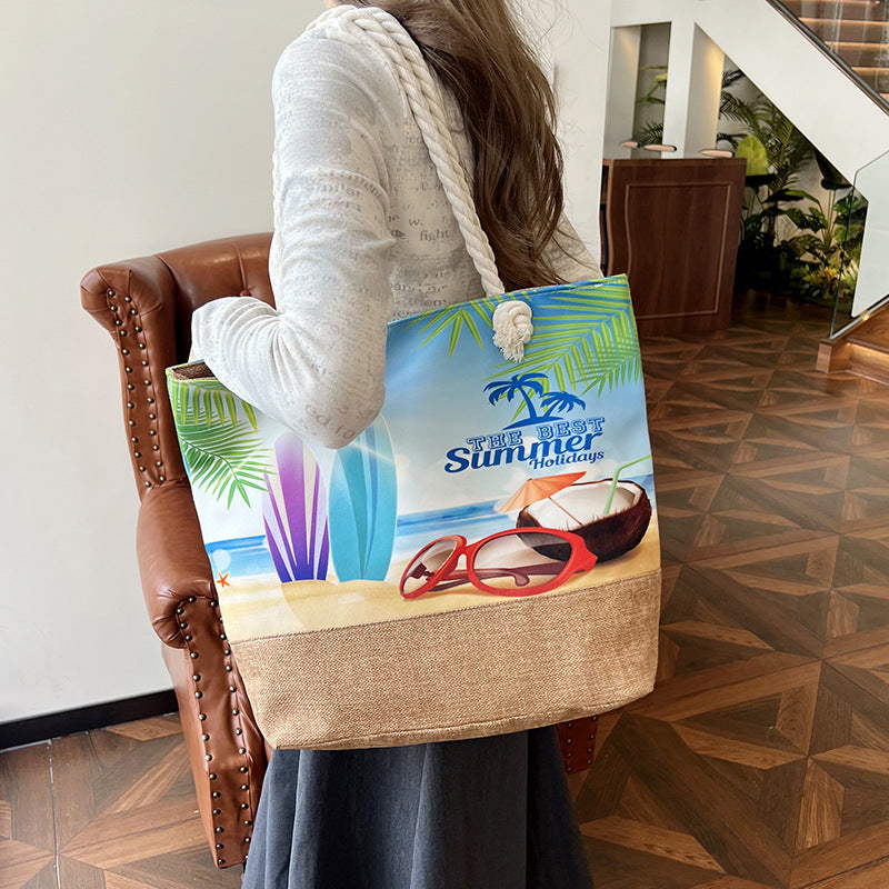 Large Capacity Digital Print Linen Beach Bag for Women