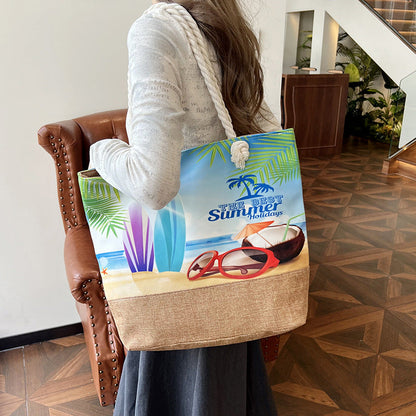 Large Capacity Digital Print Linen Beach Bag for Women